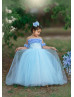 Short Sleeves Blue 3D Flowers Tulle Feather Sweet Flower Girl Dress
